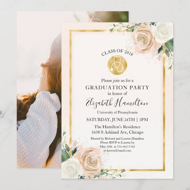 Stethoscope Nursing School Grad Party Photo Floral Invitation (Front/Back)