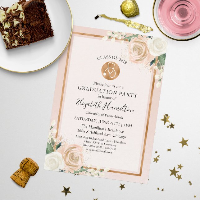 Stethoscope Nursing School Grad Party Photo Floral Invitation (Creator Uploaded)