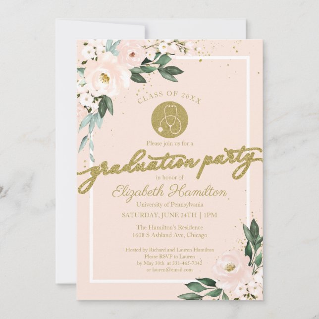Stethoscope Nursing School Grad Party Pink Floral  Invitation (Front)