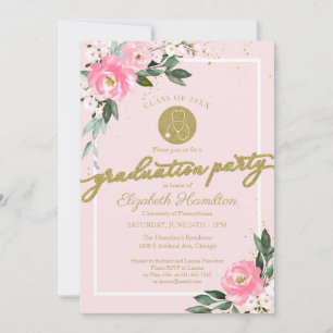 Stethoscope Nursing School Grad Party Pink Floral Invitation