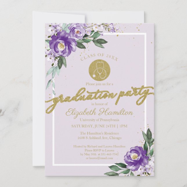 Stethoscope Nursing School Grad Party Purple Invitation (Front)