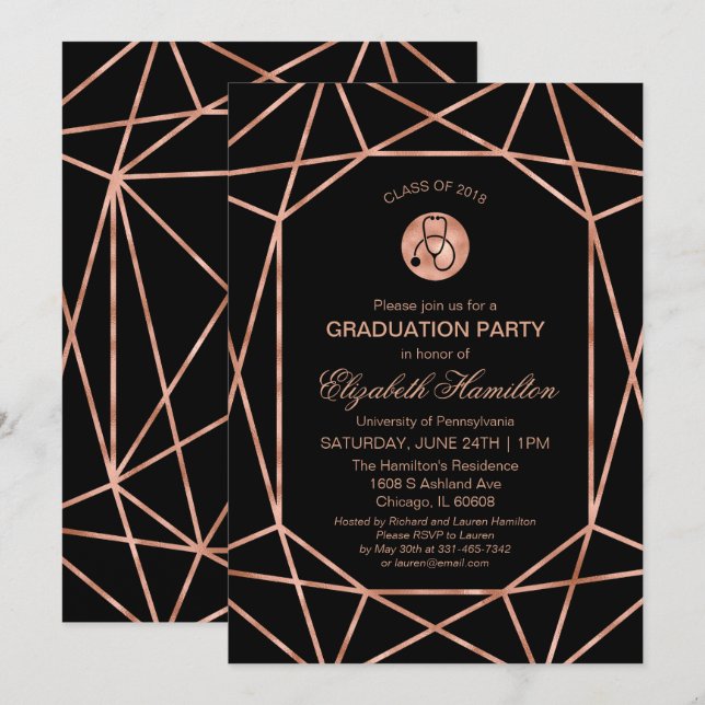 Stethoscope Nursing School Grad Party Rose Gold Invitation (Front/Back)
