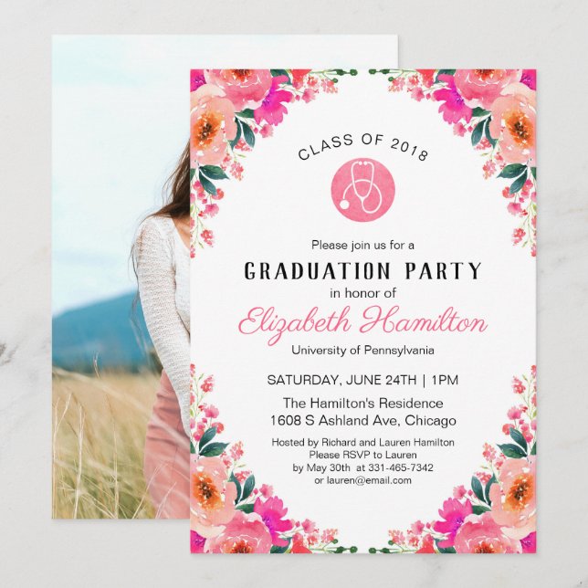 Stethoscope Nursing School Graduation Party Photo Invitation (Front/Back)