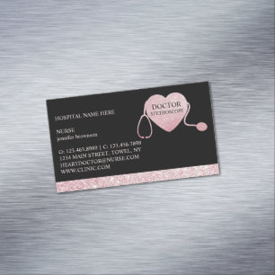 Stethoscope Sparkle Heart Pink Black Magnetic Business Card