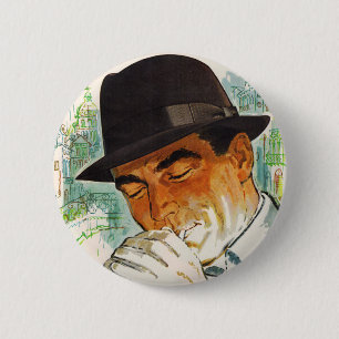 Stetson hat man lighting a cigarette 6 cm round badge