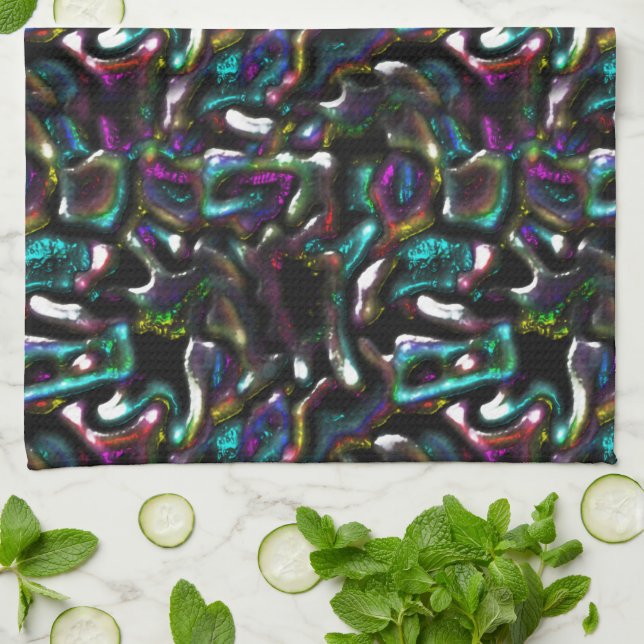 Stew of coloured and twisted metallic shapes? tea towel (Folded)