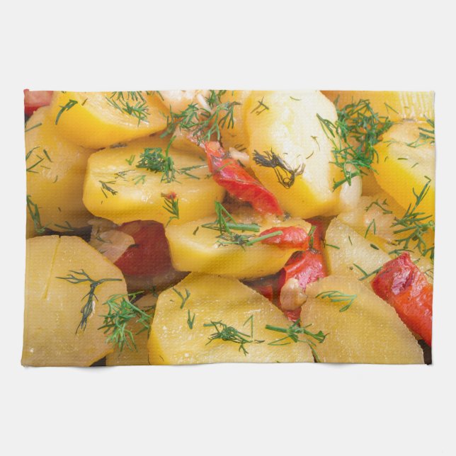 Stew of potatoes with onion, bell pepper and dill tea towel (Horizontal)