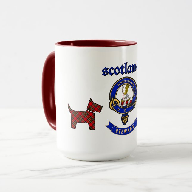Stewart Badge & Tartan Scottie Dogs Personalised Mug (Front Left)