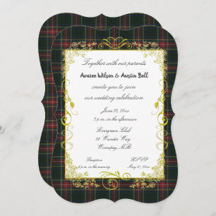 Stewart Black Modern Tartan With Gold Frame Invitation