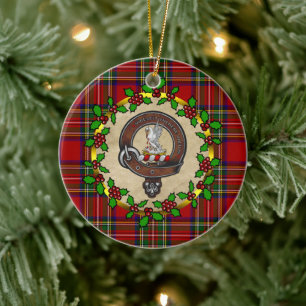 Stewart Clan Badge & Tartan Personalized Xmas Ceramic Tree Decoration