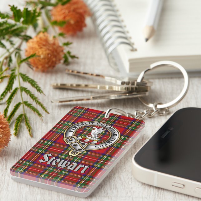Stewart Clan Badge/Tartan Rectangle Key Ring (Front Right)