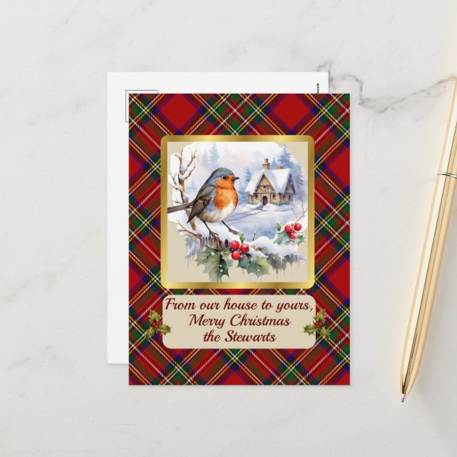 Stewart Crest & Tartan w/Robin Holiday Postcard (Front/Back In Situ)