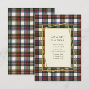 Stewart Dress Modern Tartan With Gold Frame  Save The Date