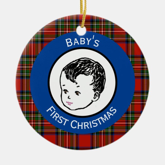 Stewart Plaid Black Hair Baby's First Christmas Ceramic Tree Decoration (Front)