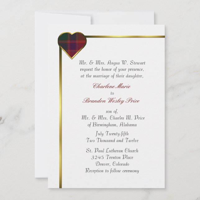Stewart Red Plaid Heart Wedding Invitation (Front)