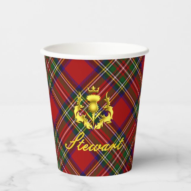 Stewart Tartan & Gold Crowned Thistle Paper Cups (Front)