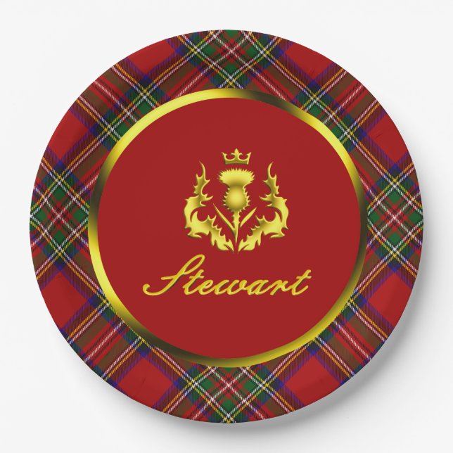 Stewart Tartan & Gold Crowned Thistle Paper Plate (Front)
