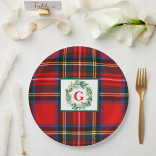 Stewart Xmas Plaid MONOGRAM Handpainted Wreath Paper Plate