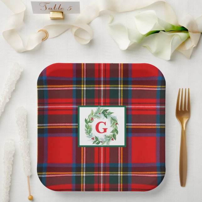 Stewart Xmas Plaid MONOGRAM Handpainted Wreath SQ Paper Plate (Wedding)