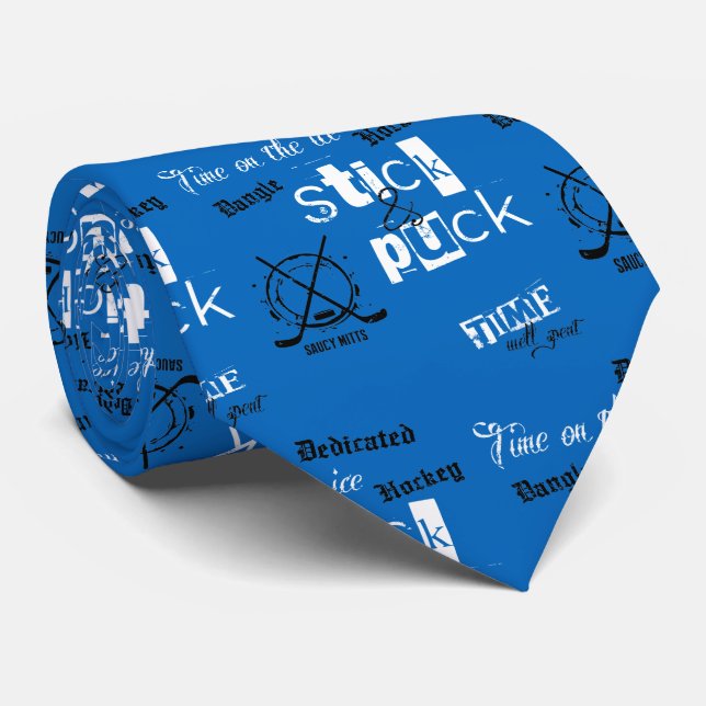 Stick and Puck Time Hockey Coach on blue Tie (Rolled)