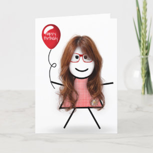 Stick Birthday Gingham Girl with Red Balloon Card