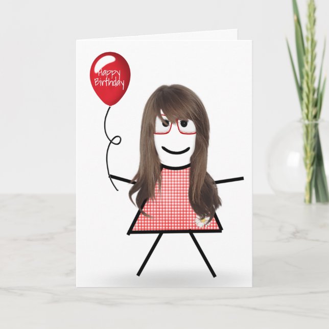 Stick Birthday Gingham Girl with Red Balloon Card (Front)