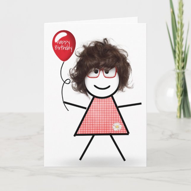 Stick Birthday Gingham Girl with Red Balloon  Card (Front)