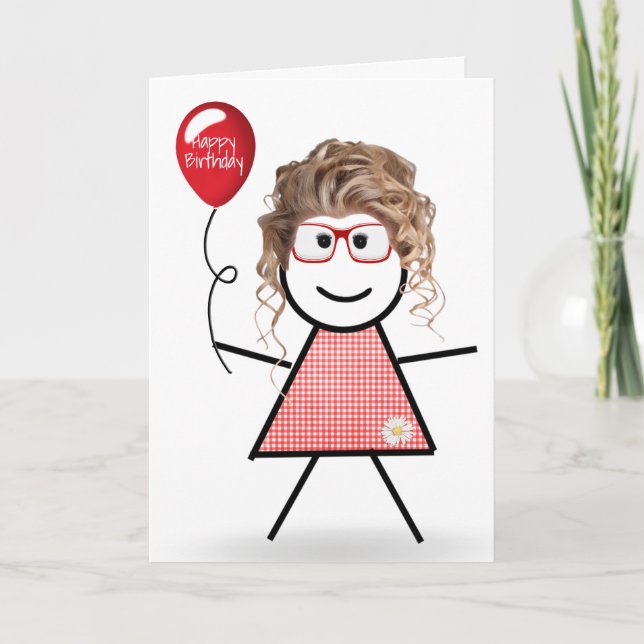 Stick Birthday Gingham Girl with Red Balloon  Card (Front)