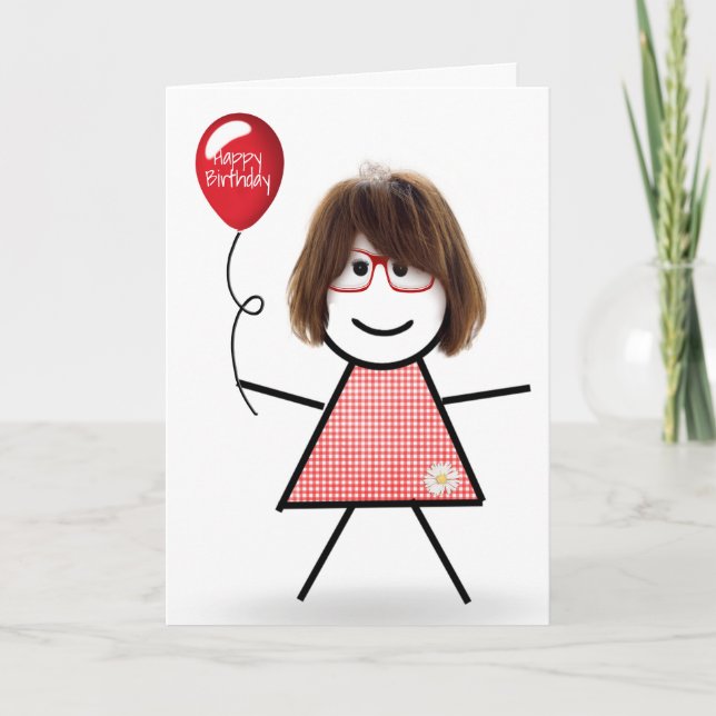 Stick Birthday Gingham Girl with Red Balloon   Card (Front)