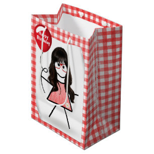 Stick Birthday Gingham Girl with Red Balloon Medium Gift Bag