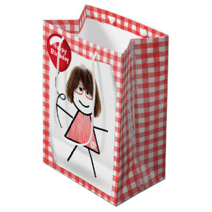 Stick Birthday Gingham Girl with Red Balloon  Medium Gift Bag
