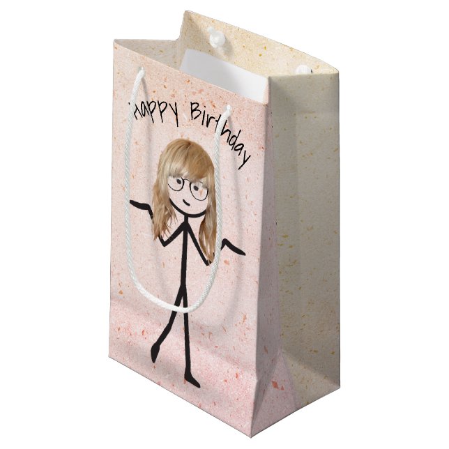 Stick Birthday Girl with Hair  Small Gift Bag (Front Angled)