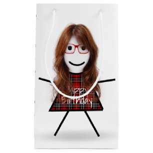Stick Birthday Girl with Plaid Dress Small Gift Bag