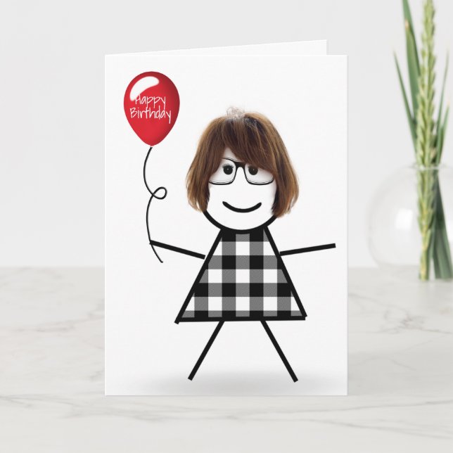 Stick Birthday Girl with Red Balloon Card (Front)