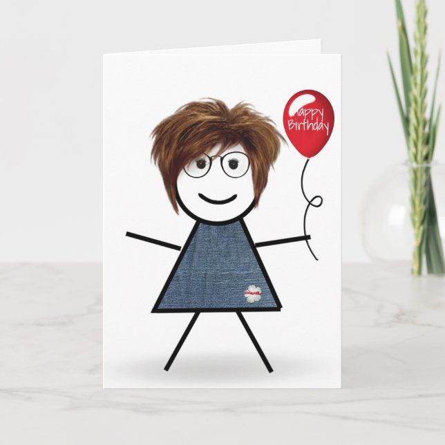 Stick Birthday Girl with Red Balloon Card (Front)