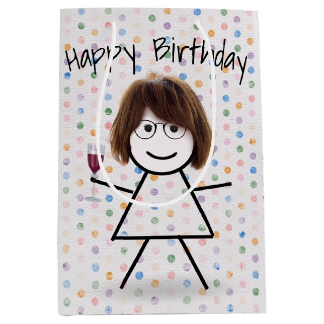 Stick Birthday Girl with Wine Glass    Medium Gift Bag (Front)