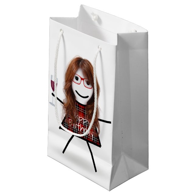 Stick Birthday Girl with Wine Glass Small Gift Bag (Front Angled)