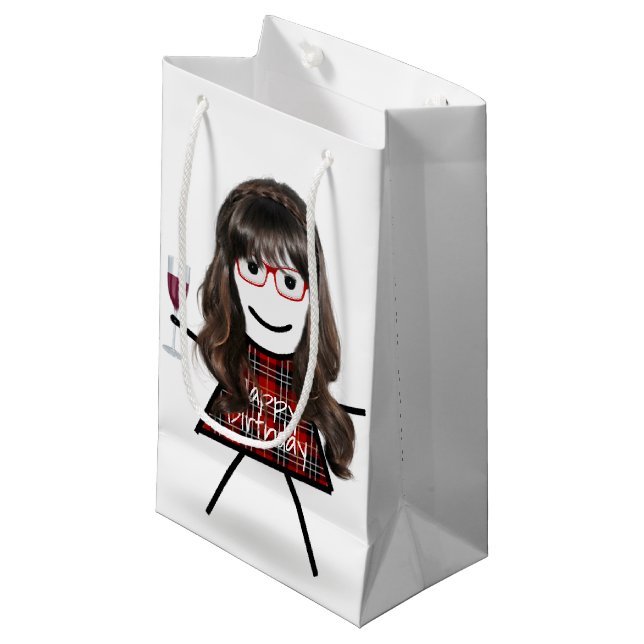 Stick Birthday Girl with Wine Glass Small Gift Bag (Front Angled)