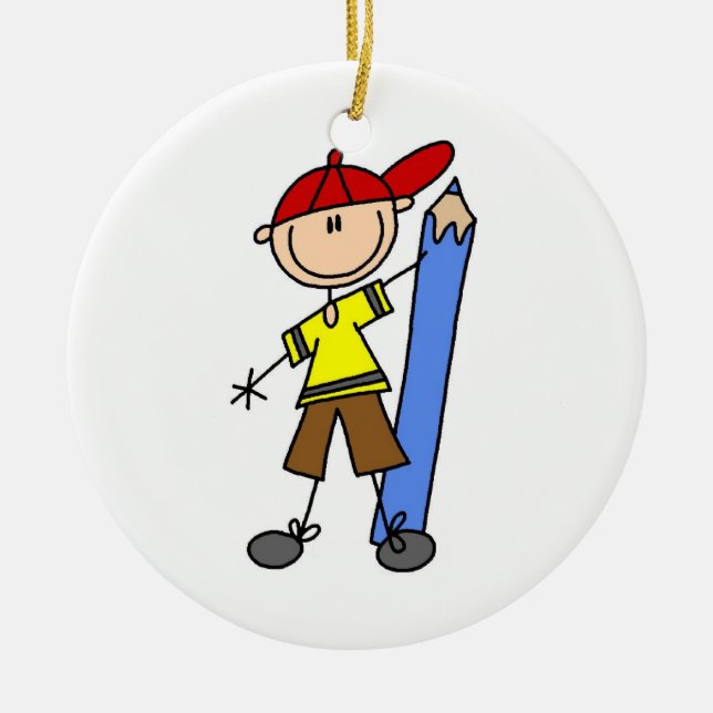 Stick Boy With Pencil Ceramic Tree Decoration (Front)