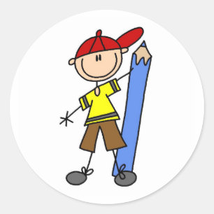 Stick Boy with Pencil Classic Round Sticker