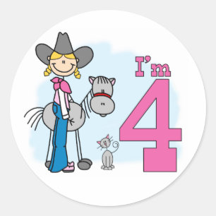 Stick Cowgirl 4th Birthday Classic Round Sticker