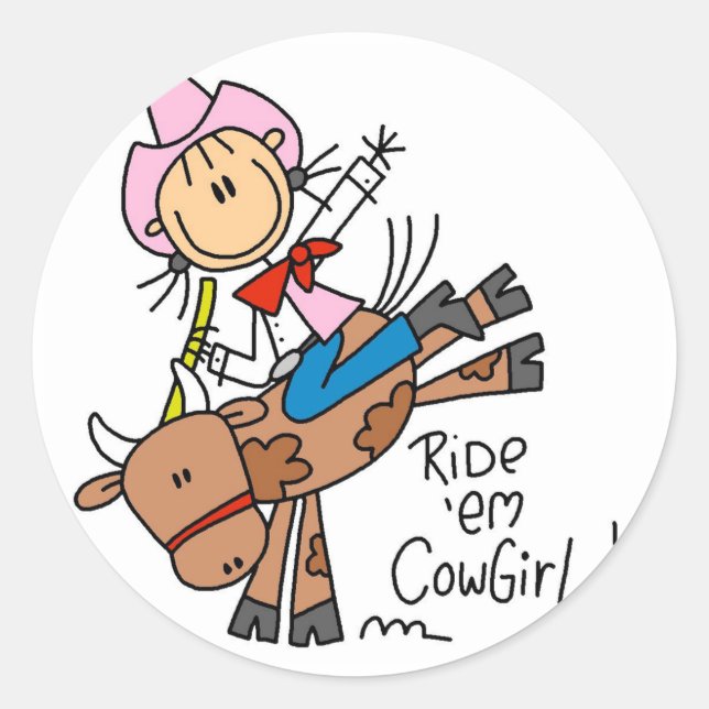 Stick  Cowgirl Riding Bull Tshirts and Gifts Classic Round Sticker (Front)