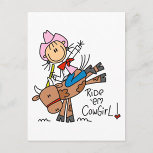 Stick Cowgirl Riding Bull Tshirts and Gifts Postcard