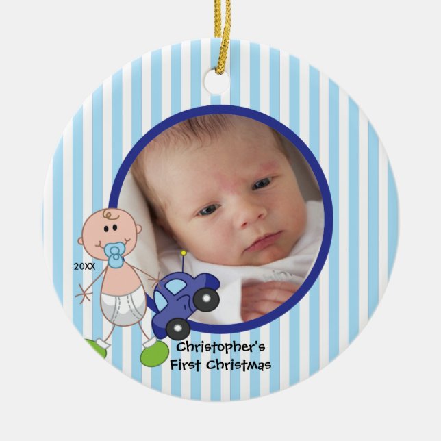 Stick Figure Baby Boy Photo Christmas Ornament (Front)