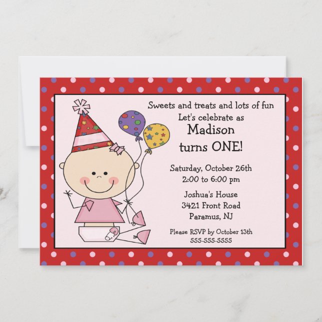 Stick Figure Baby Girl 1st Birthday Invitation (Front)