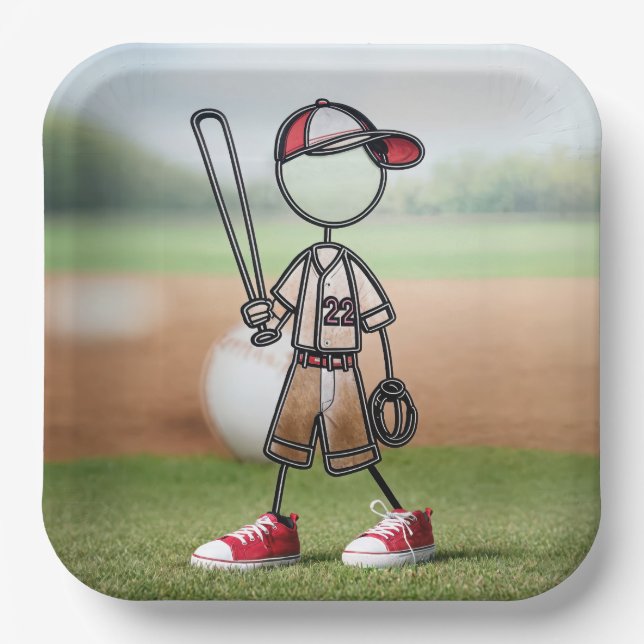 Stick Figure Baseball Player In Red Sneakers Paper Plate (Front)