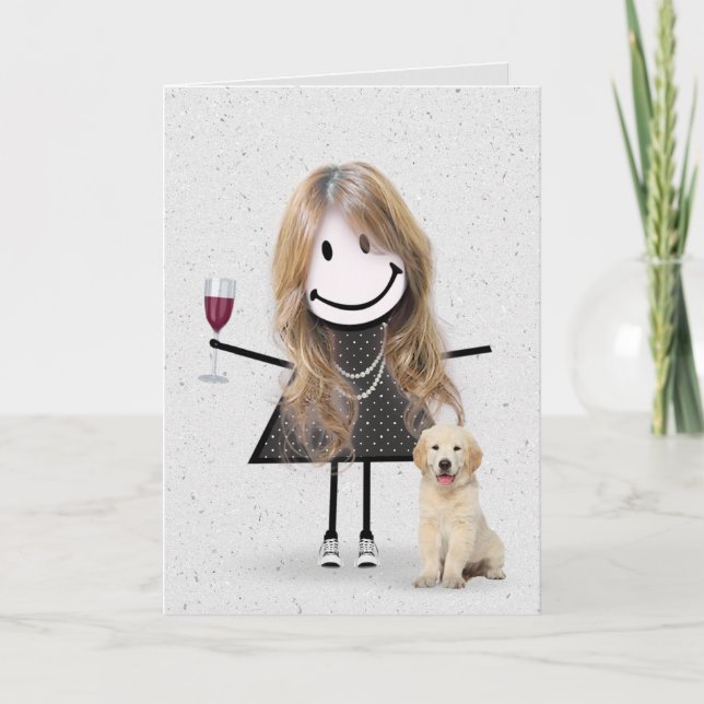 Stick Figure Birthday Girl with Golden Retriever Card (Front)