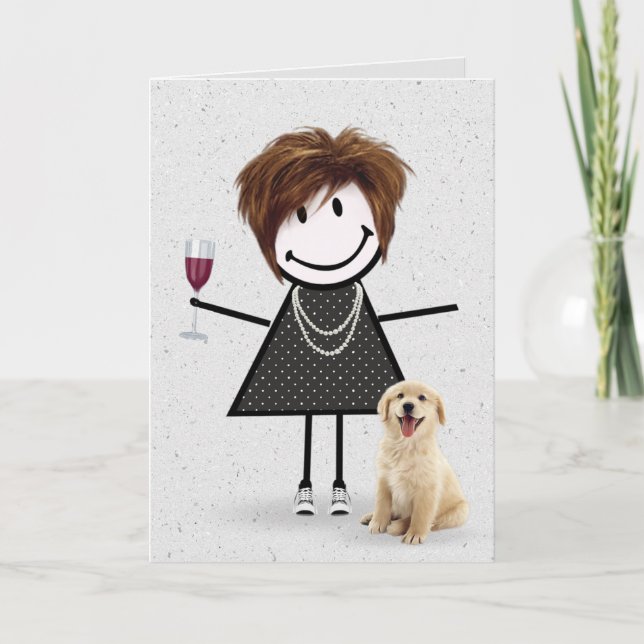 Stick Figure Birthday Girl with Golden Retriever Card (Front)