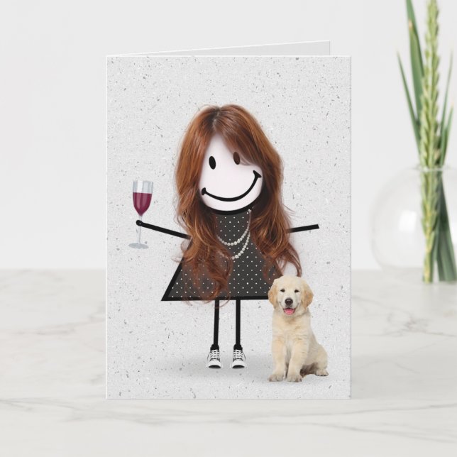 Stick Figure Birthday Girl with Golden Retriever Card (Front)