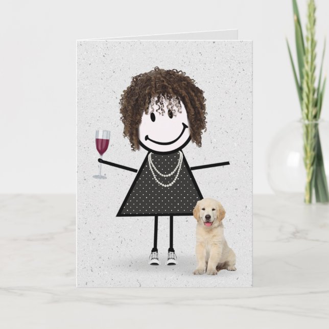 Stick Figure Birthday Girl with Golden Retriever  Card (Front)